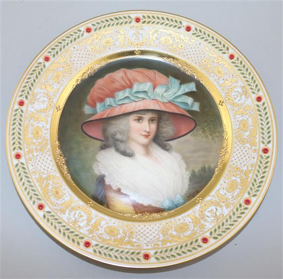 A Hutschenreuter jewelled cabinet plate, c.1910, painted by Wagner, 24cm